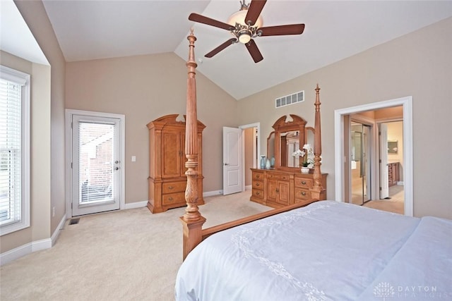 bedroom with visible vents, baseboards, vaulted ceiling, access to outside, and light colored carpet