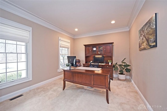 office area featuring visible vents, light carpet, recessed lighting, crown molding, and baseboards