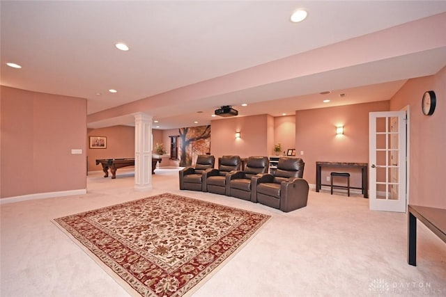 living room with billiards, baseboards, ornate columns, recessed lighting, and light colored carpet