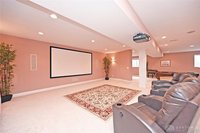 home theater room with light carpet, recessed lighting, billiards, and decorative columns