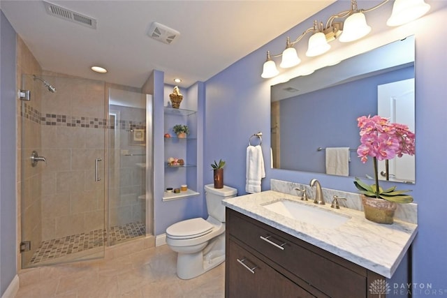 full bath with vanity, toilet, visible vents, and a stall shower