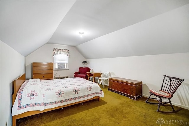 bedroom with carpet flooring, cooling unit, and vaulted ceiling