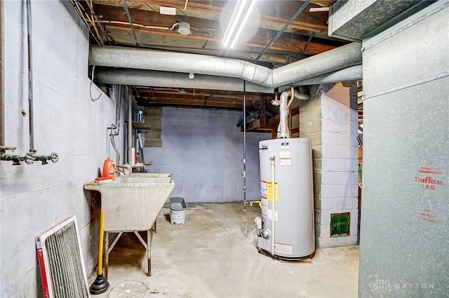 unfinished below grade area featuring water heater, heating unit, and a sink