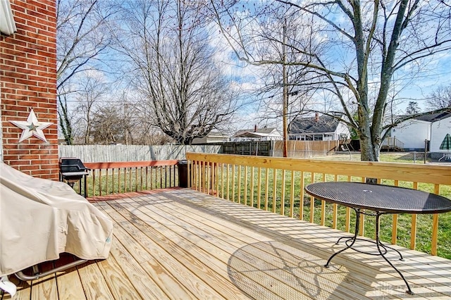 wooden deck with a lawn and a fenced backyard