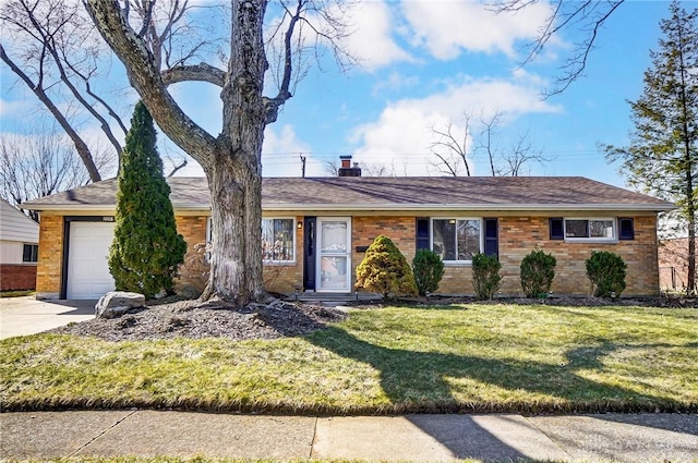 single story home with brick siding, concrete driveway, a front yard, a chimney, and a garage