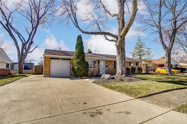 ranch-style house with a garage, a front yard, driveway, and fence