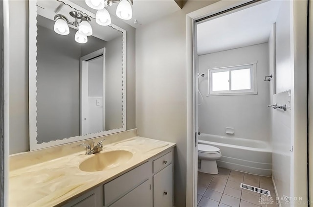 full bathroom with visible vents, toilet, vanity, and tile patterned flooring