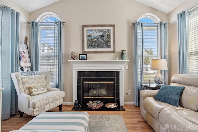 living area featuring a fireplace, wood finished floors, baseboards, and vaulted ceiling