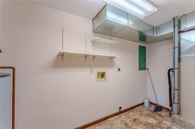 laundry area with stone finish flooring, baseboards, washer hookup, electric panel, and hookup for an electric dryer