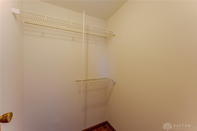 walk in closet with dark wood-style flooring