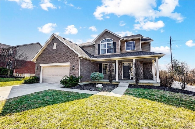 view of front of house featuring driveway, brick siding, covered porch, and a front lawn