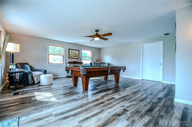 playroom featuring ceiling fan, baseboards, wood finished floors, and billiards