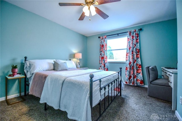 bedroom with carpet flooring, baseboards, and a ceiling fan