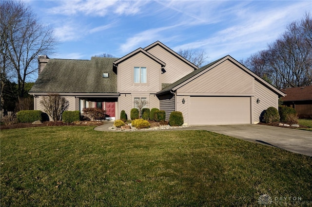 view of front of property featuring an attached garage, a chimney, concrete driveway, and a front yard