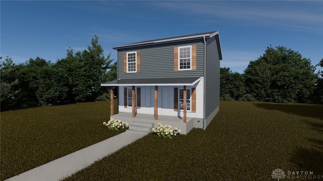 view of front of home featuring covered porch and a front yard