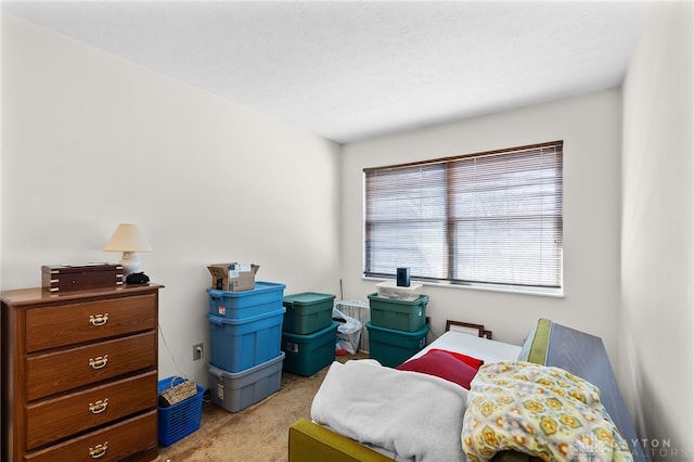 bedroom featuring light carpet