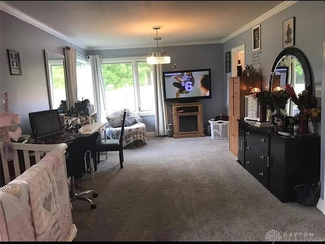 carpeted living room featuring a chandelier and ornamental molding