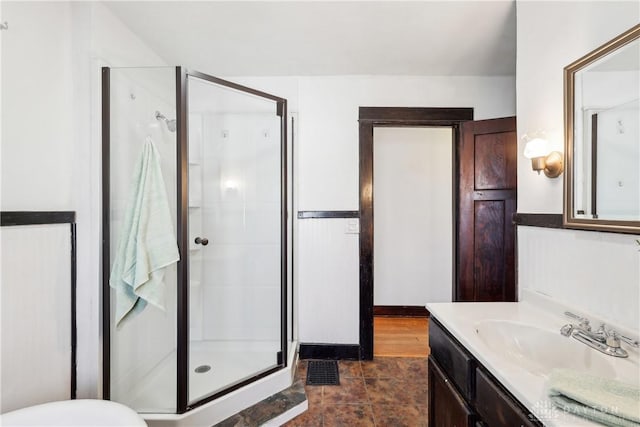 bathroom featuring visible vents, a shower stall, and vanity