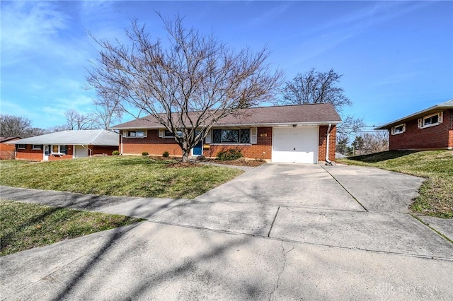 single story home with concrete driveway, an attached garage, brick siding, and a front lawn