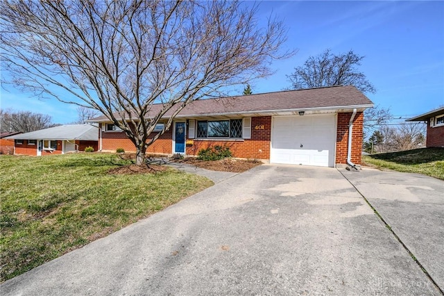 ranch-style house featuring a front yard, brick siding, a garage, and driveway