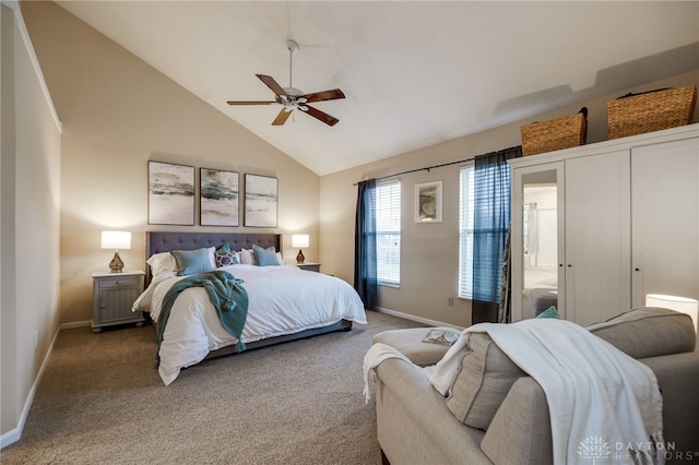 bedroom featuring carpet flooring, ceiling fan, high vaulted ceiling, and baseboards