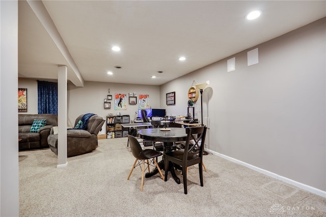 dining room featuring recessed lighting, baseboards, and carpet