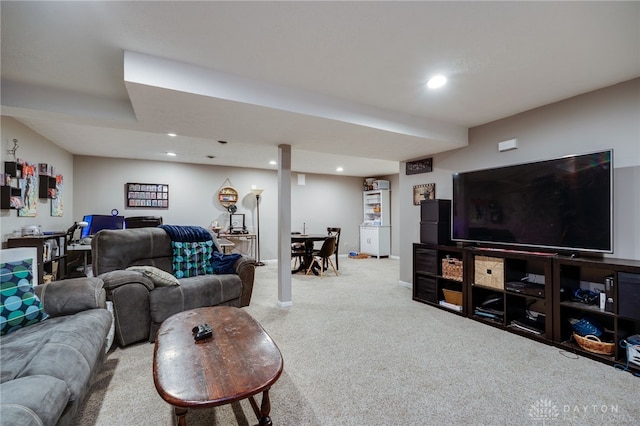 living area with recessed lighting, baseboards, and carpet floors