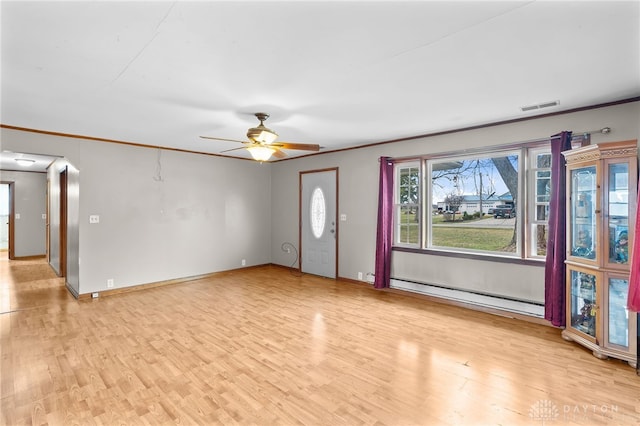 6384 Heffner Rd, Tipp City, OH 45371 - unfurnished living room featuring visible vents, a ceiling fan, ornamental molding, light wood-type flooring, and a baseboard radiator