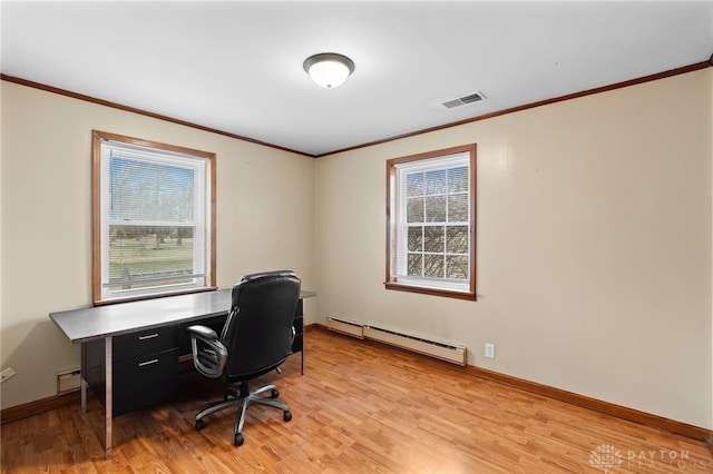 6384 Heffner Rd, Tipp City, OH 45371 - office featuring baseboard heating, visible vents, light wood finished floors, and plenty of natural light