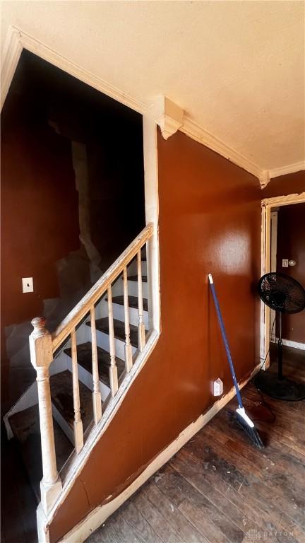 stairs with baseboards, ornamental molding, and hardwood / wood-style flooring