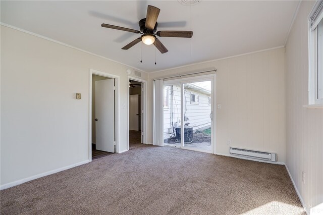5027 Hackett Dr, Dayton, OH 45417 - unfurnished bedroom with a baseboard radiator, carpet floors, crown molding, ceiling fan, and access to outside