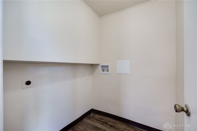 5027 Hackett Dr, Dayton, OH 45417 - washroom with electric dryer hookup, hookup for a washing machine, ornamental molding, dark wood finished floors, and baseboards