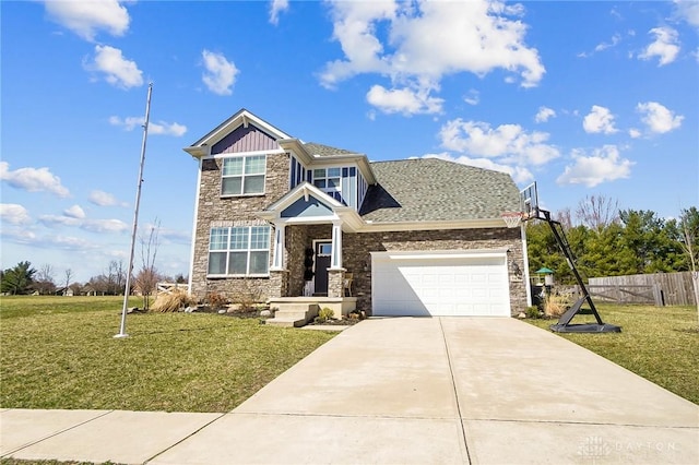 craftsman-style house featuring fence, a front lawn, concrete driveway, stone siding, and board and batten siding