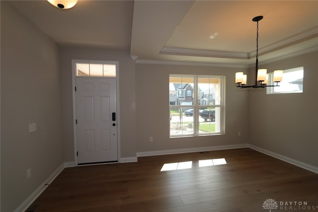 2855 Sky Crossing Dr Unit 50, Beavercreek, OH 45434 - entrance foyer featuring a chandelier, healthy amount of natural light, dark wood finished floors, crown molding, and a raised ceiling
