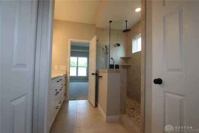 2855 Sky Crossing Dr Unit 50, Beavercreek, OH 45434 - bathroom with a walk in shower, vanity, tile patterned floors, and recessed lighting