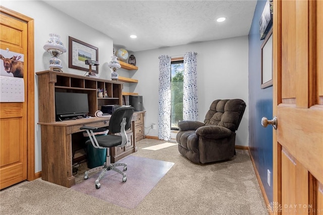 office space with carpet floors, baseboards, recessed lighting, and a textured ceiling