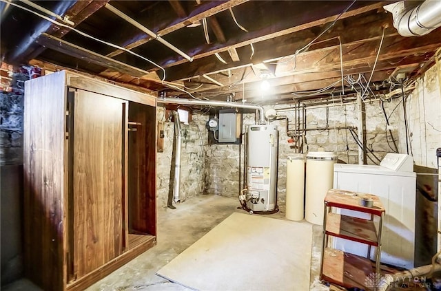 322 Hickory St, Dayton, OH 45410 - unfinished basement featuring electric panel, water heater, and washer and dryer