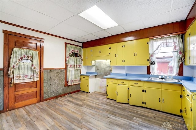 322 Hickory St, Dayton, OH 45410 - kitchen featuring wainscoting, light wood-style flooring, yellow cabinets, and a sink