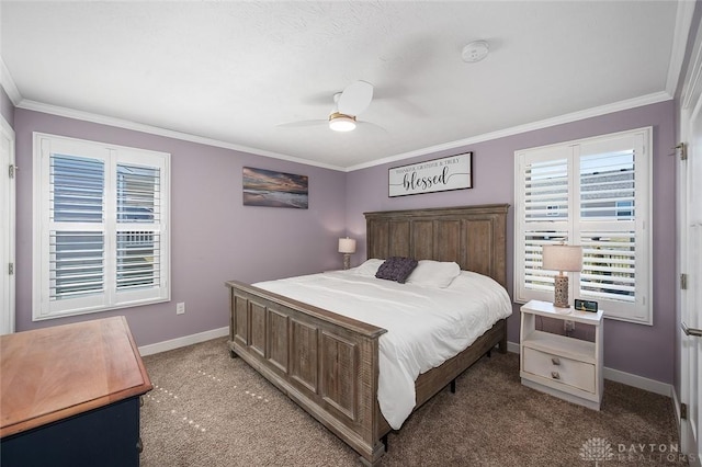 bedroom featuring light colored carpet, baseboards, and crown molding