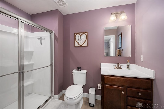 bathroom featuring a shower stall, visible vents, toilet, and vanity