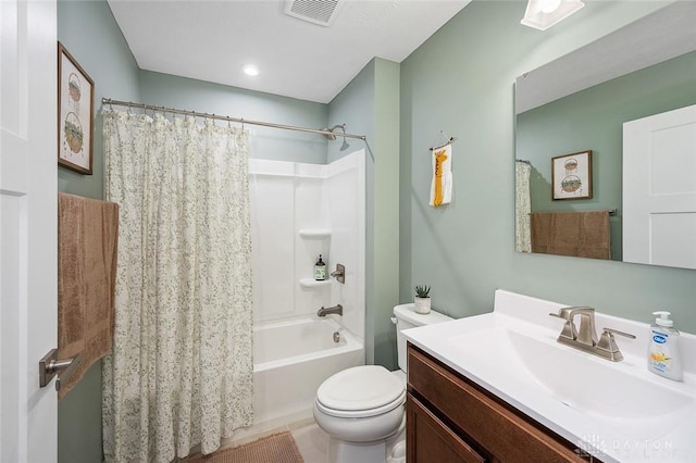 full bathroom featuring vanity, visible vents, shower / bathtub combination with curtain, and toilet