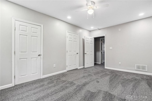 unfurnished bedroom with visible vents, baseboards, carpet, recessed lighting, and a ceiling fan