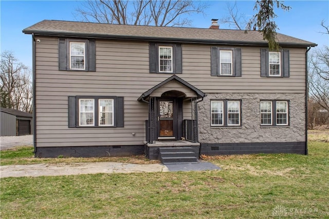 4385 N Hyland Ave, Dayton, OH 45424 - colonial house with crawl space, roof with shingles, a chimney, and a front yard