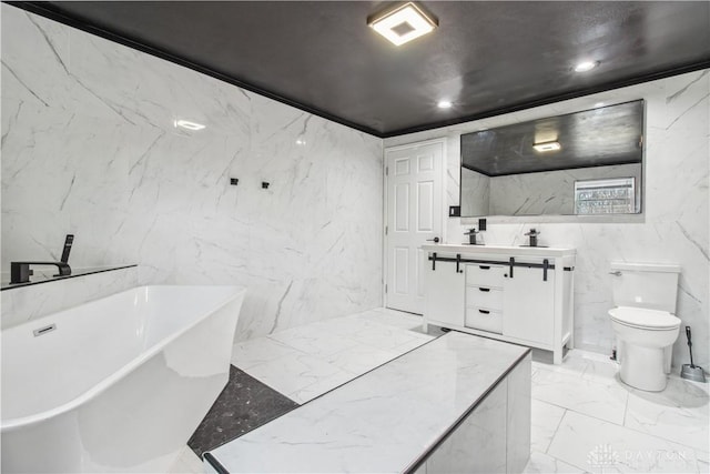 4385 N Hyland Ave, Dayton, OH 45424 - bathroom with vanity, stone wall, recessed lighting, a freestanding bath, and marble finish floor