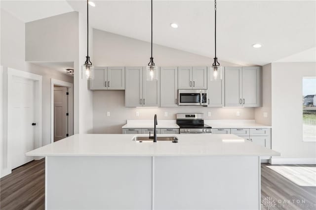 kitchen featuring a center island with sink, a sink, wood finished floors, stainless steel appliances, and light countertops