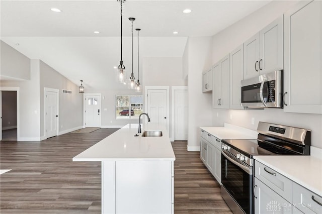 kitchen featuring a sink, stainless steel appliances, dark wood-type flooring, and light countertops