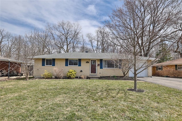 ranch-style house with brick siding, an attached garage, entry steps, a front yard, and driveway