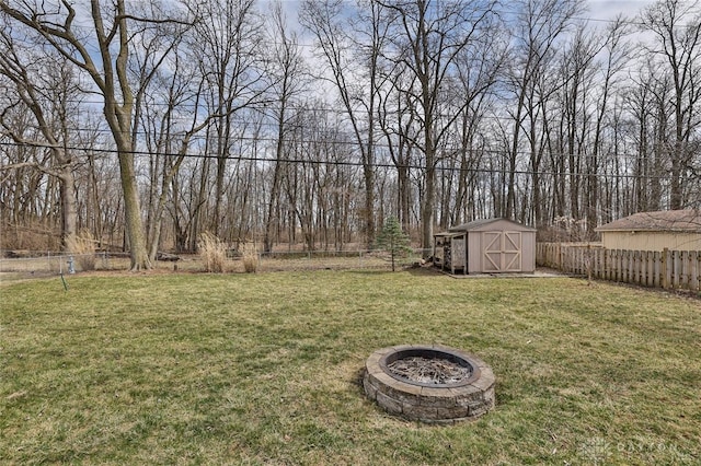 view of yard featuring an outbuilding, an outdoor fire pit, a storage unit, and a fenced backyard