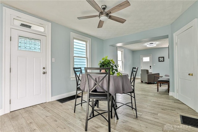 dining room featuring light wood-style floors, baseboards, a ceiling fan, and visible vents