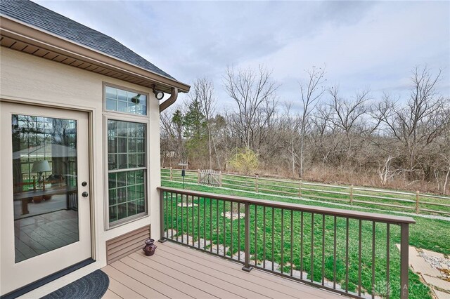 wooden terrace featuring a fenced backyard and a lawn